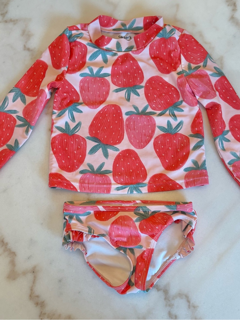 Carter's Pink and Green Strawberry Print Rash Guard Bikini Set 5T
